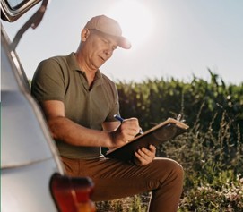 A farmer with a clip board in the field